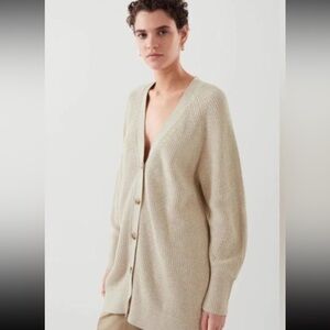COS Cotton Oversized Long Ribbed Knit Cardigan, Long Sleeve, Cream, Size M
